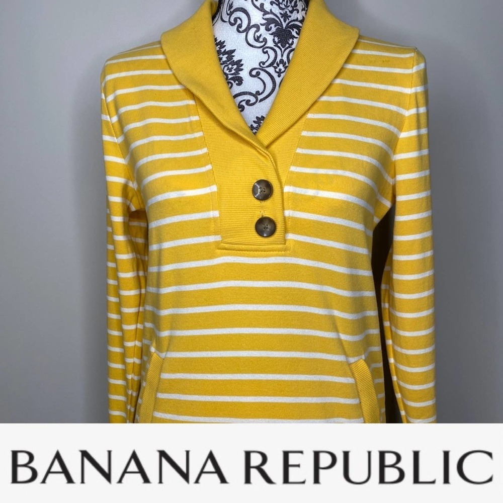 Banana Republic Yellow & White Striped, Large Collar and Button Down Front